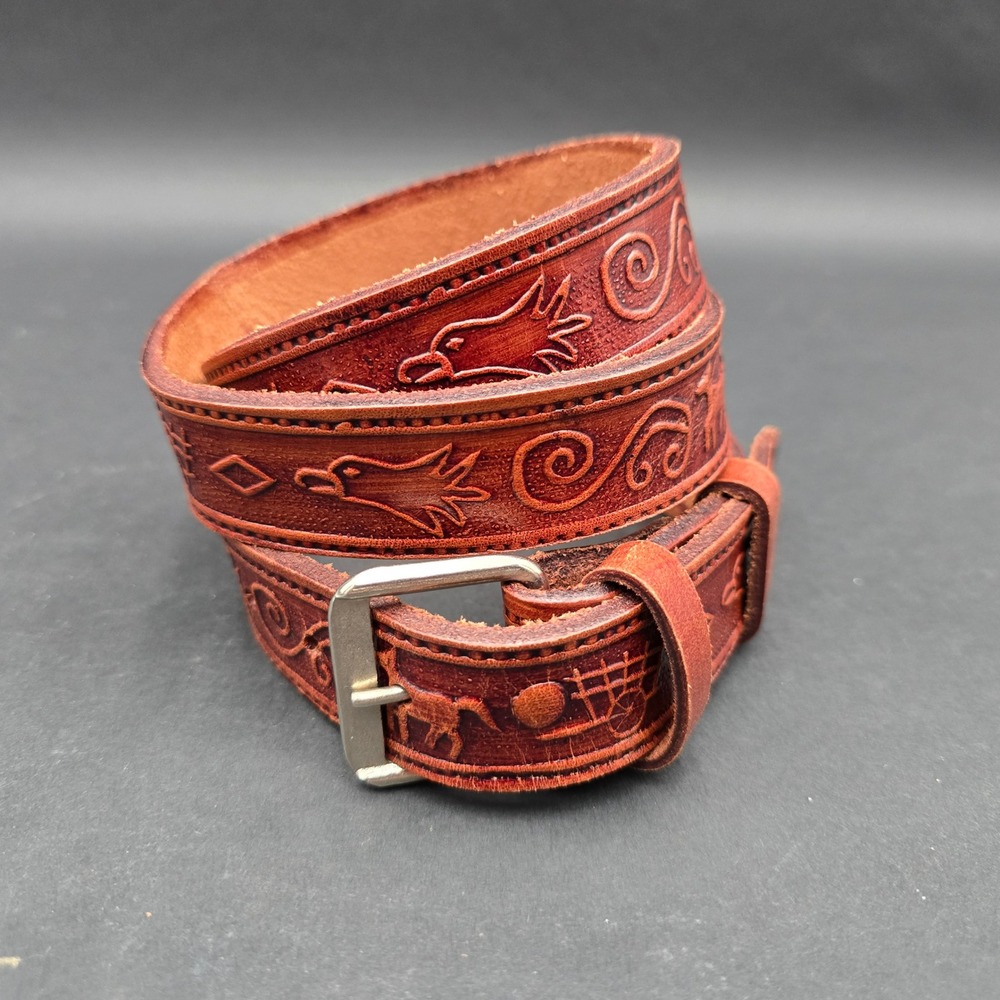 Vintage Southwestern Embossed Leather Belt Eagle Horse Wagon Brown 1 Inch Wide